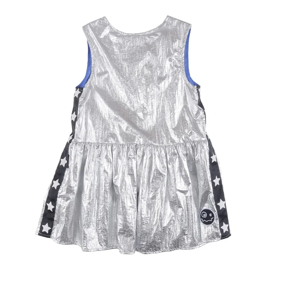 DANCE METALLIC DRESS BY LOUD Silver Shiny Stars Foil girls Holiday 14 Knee NWOT